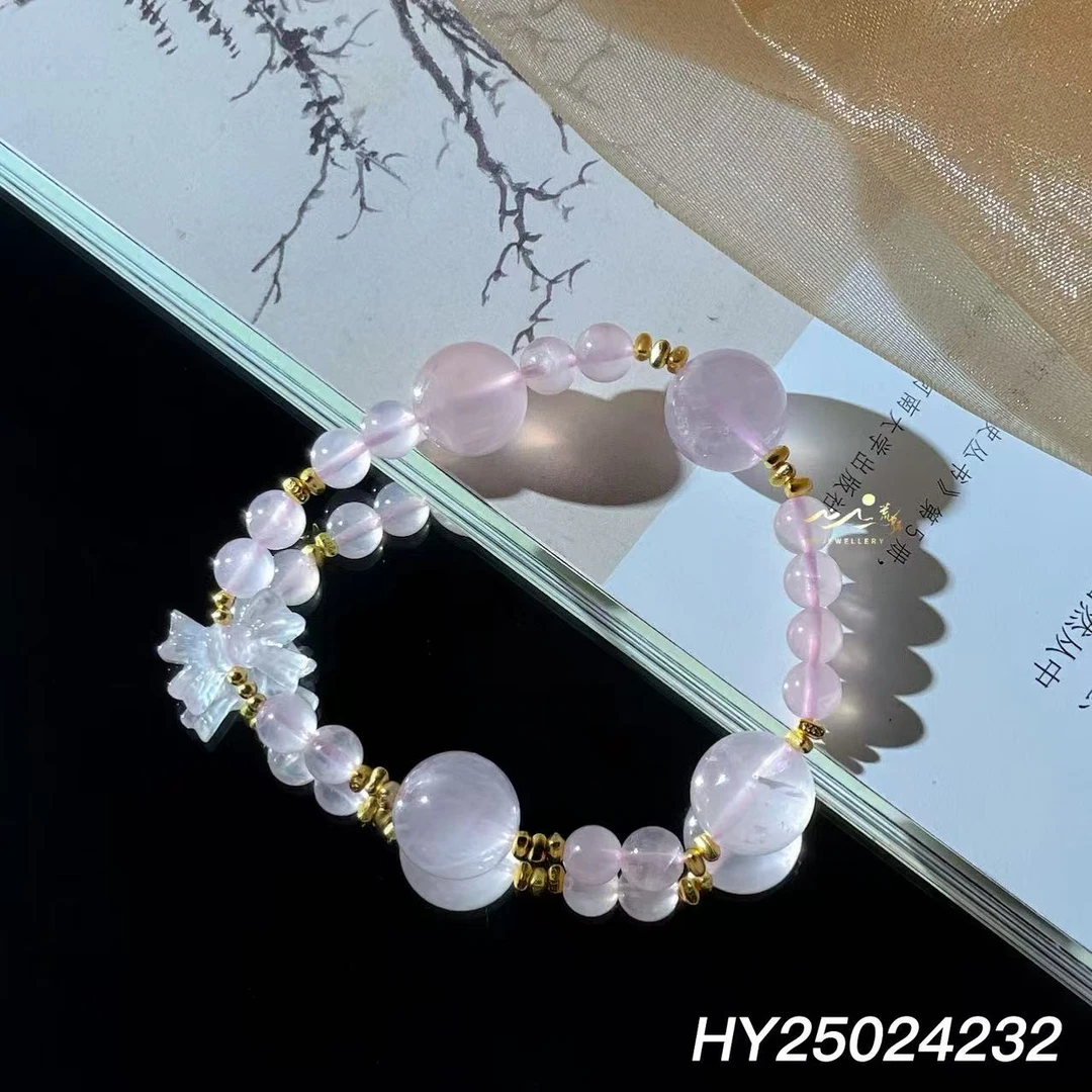 荒野珠宝天然马粉粉晶蝴蝶结s925银镀金13mm手串HY25024232