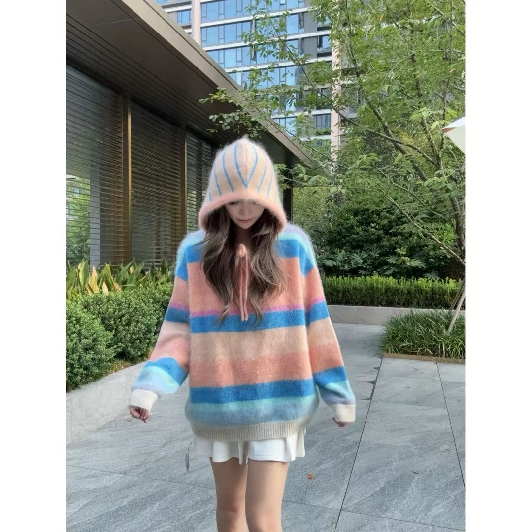 【甜酷帽趣】254436拉绒款韩版小众设计拼色款连帽羊绒衫慵懒