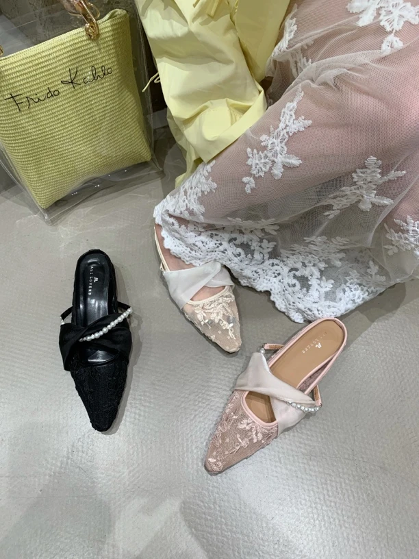 Q 56-00 复古蕾丝网纱半拖鞋女夏季2025新款仙女风珍珠尖头
