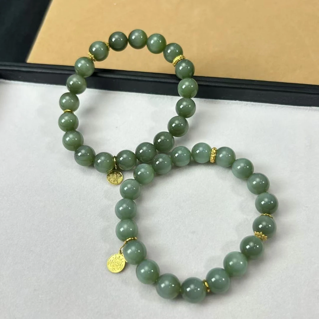 【睿泽鉴宝 】18K和田玉粉青猫眼手串多样性发一/有瑕 9mm V0002