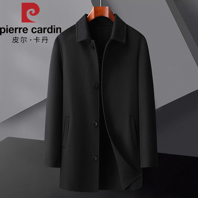皮尔卡丹秋冬季男士经典双面呢风衣大码男士外套商务翻领男式中长
