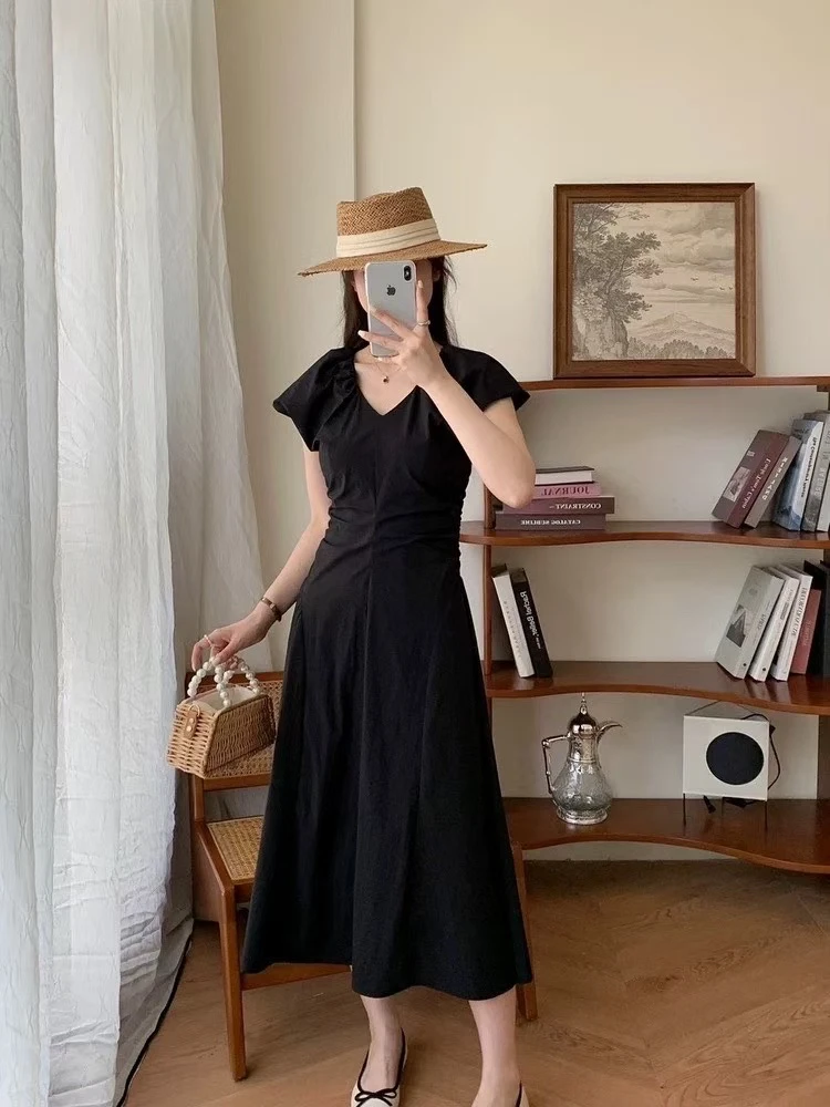 夏季新款法式纯色拼接V领显瘦中长款女士连衣裙大码裙子减龄收腰