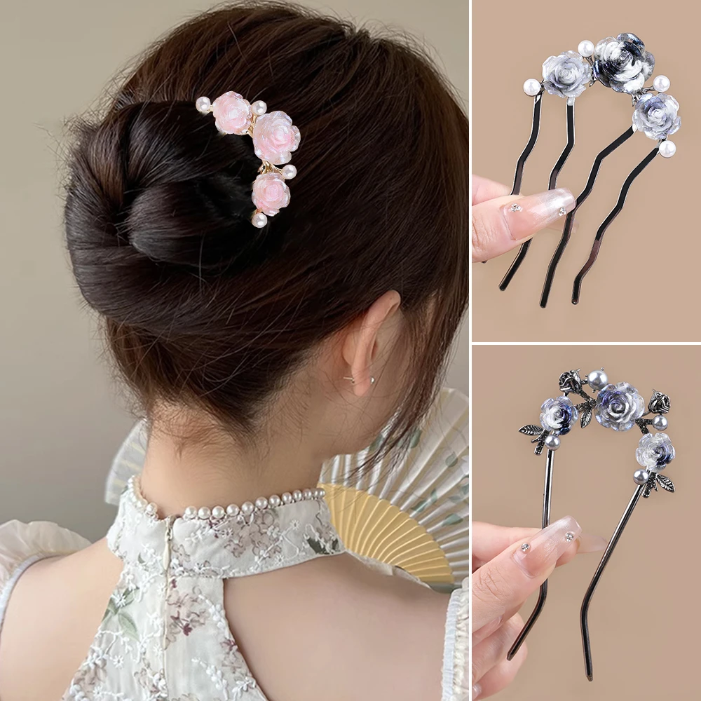 新中式温柔气质玫瑰花珠珠古风四齿盘发簪子后脑勺扎发U型发簪