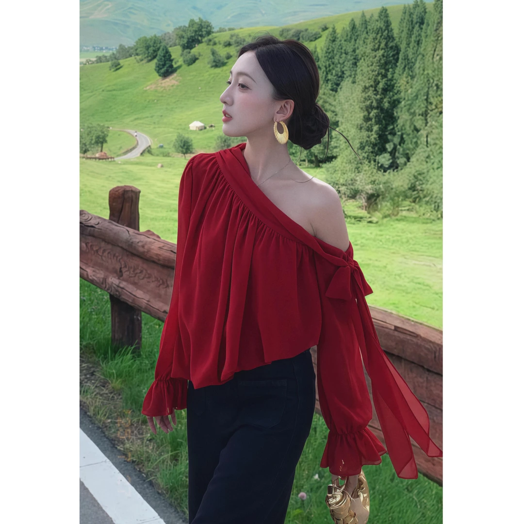 夏季流行多巴胺绝美漂亮上衣气质高级感御姐风情万种红色露肩衬衫