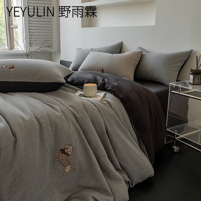 中性风A类全棉水洗床单四件套纯棉皱纱精梳立体大提花刺绣四件套