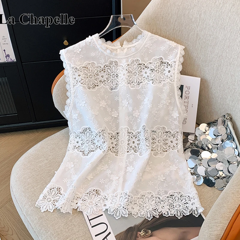 拉夏贝尔白蕾丝花边镂空无袖衬衫女2025夏季洋气减龄刺绣小衫上衣