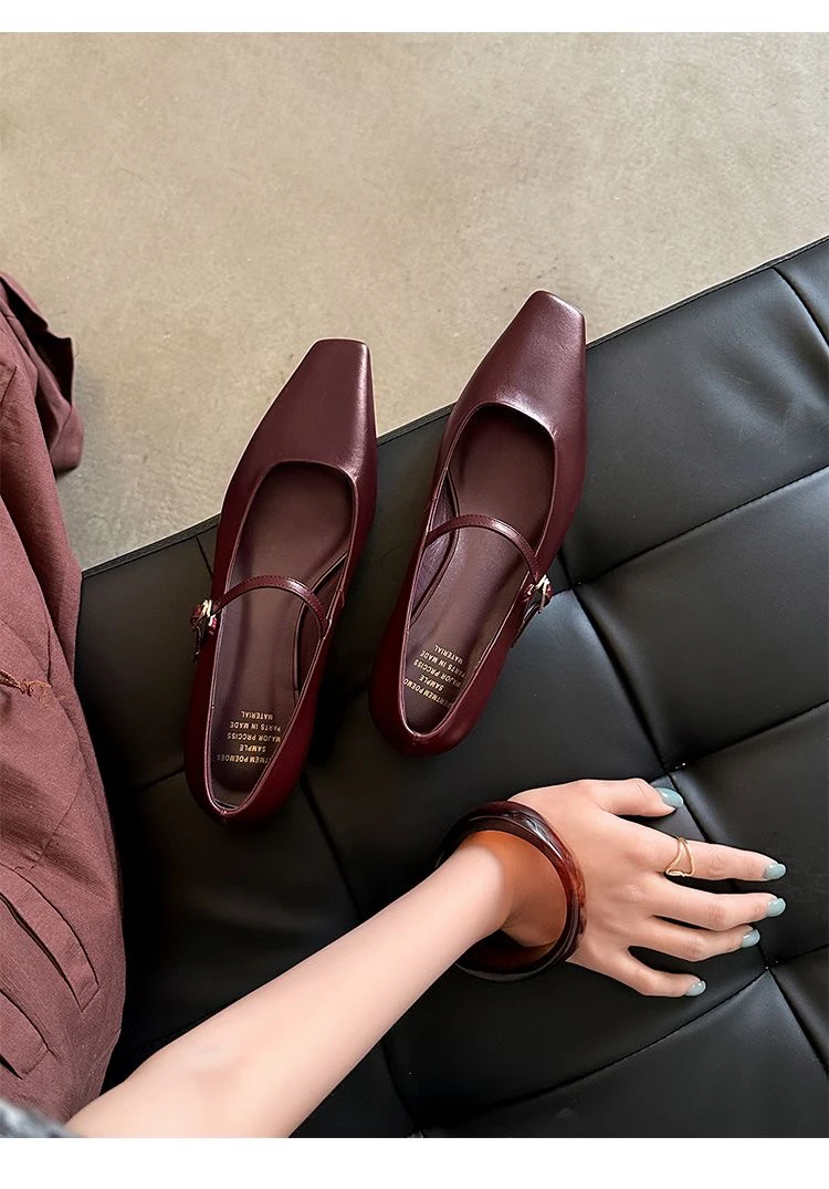 Sweet-7粗跟低跟纯色单鞋玛丽珍鞋尖头复古浅口鞋子春季平底鞋