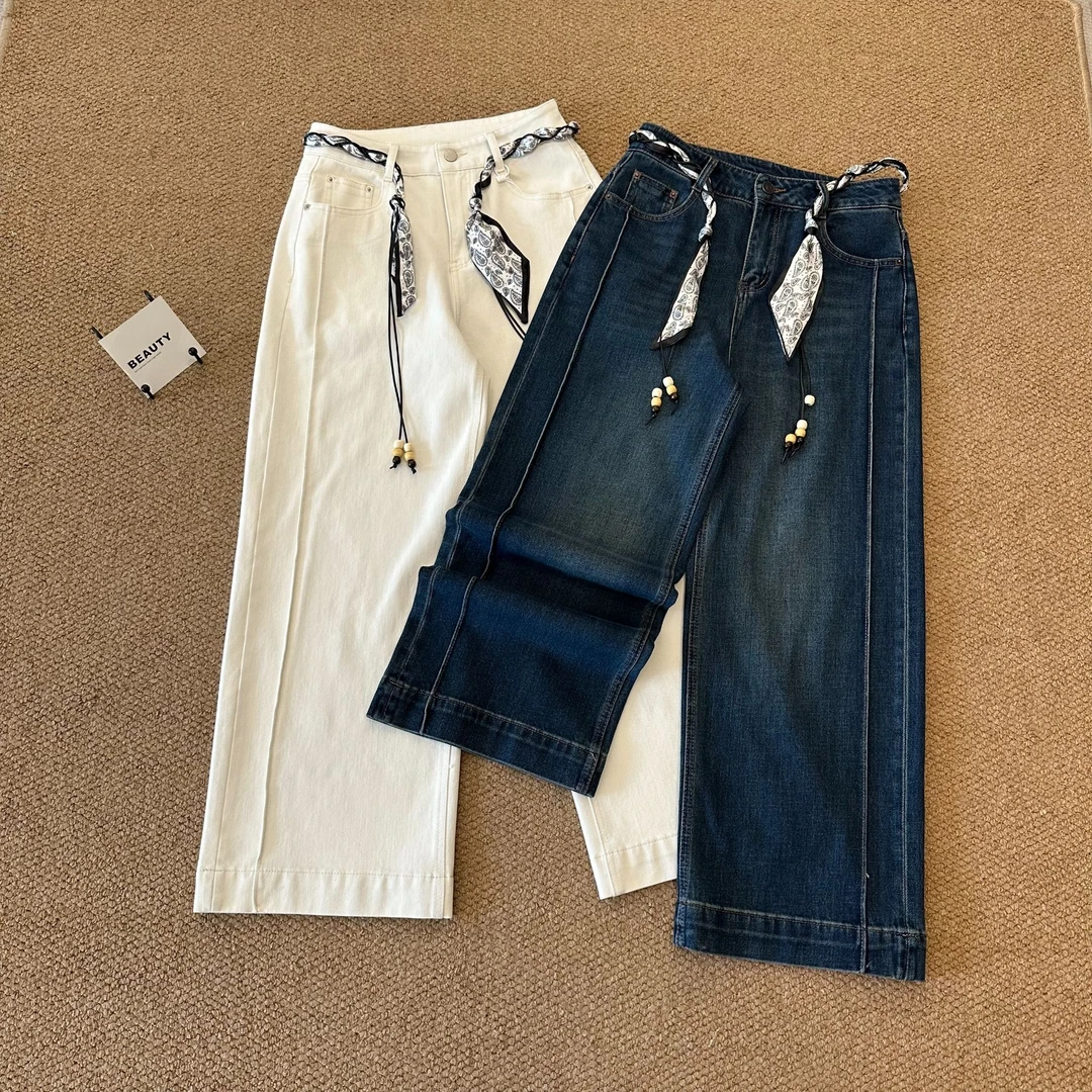 新款丝巾腰绳立体侧压线显瘦直筒牛仔裤女款 W135/61