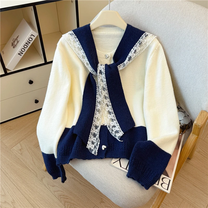 实拍～2025新款复古海军领蕾丝针织披肩+针织开衫两件套女毛衣