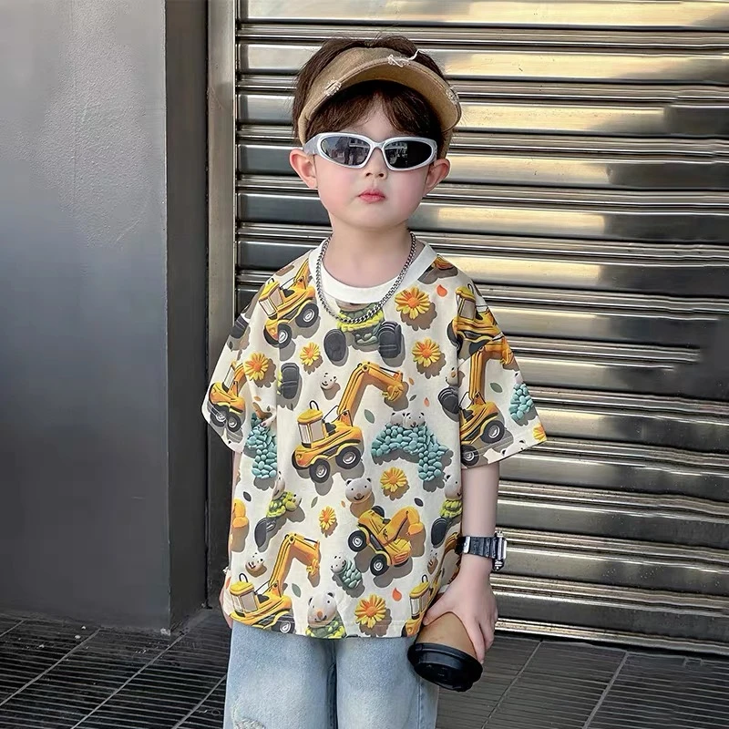 男童短袖儿童t恤上衣夏装2025夏季新款童装男孩半袖纯棉挖机潮