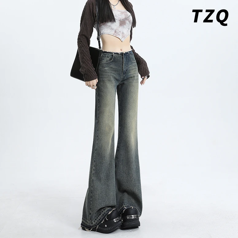 毛边微喇牛仔裤女爆款2024新款高腰显瘦复古拖地马蹄喇叭裤子春秋