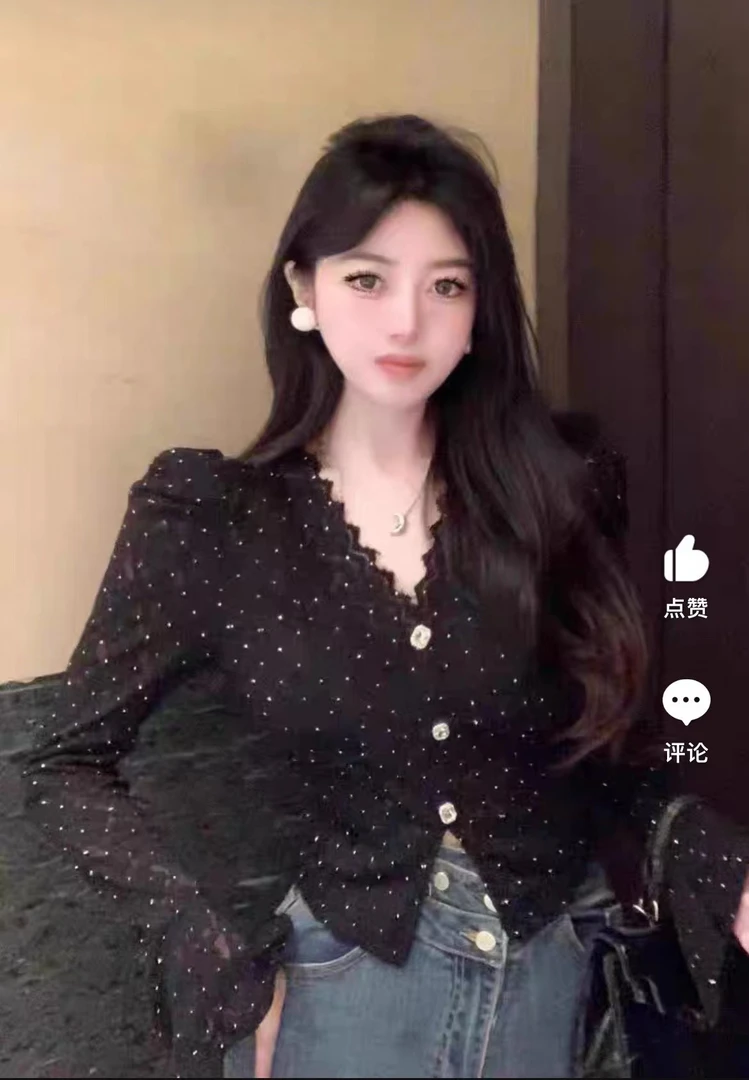 蕾丝V领套头蕾丝衫黑色长袖修身时尚小衫打底衫秋季法式网红