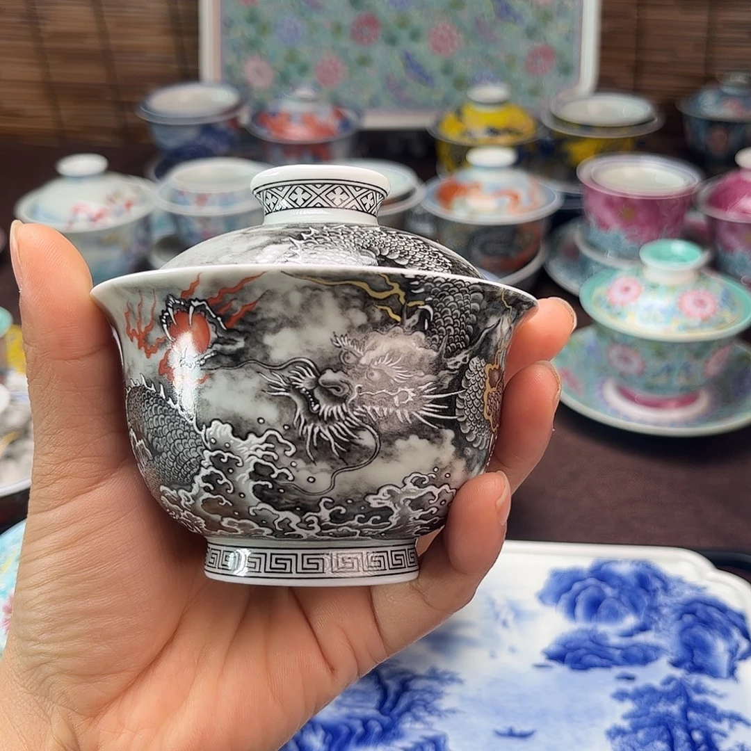 景德镇陶瓷墨龙盖碗