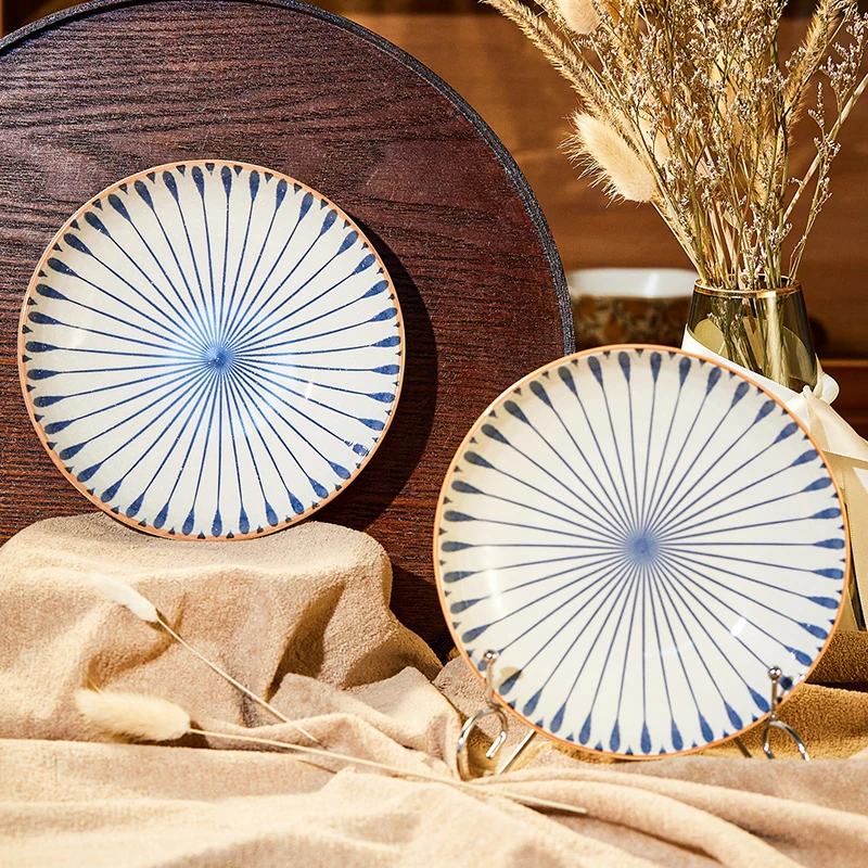 【7英寸锤纹深盘】盘口不规则设计高颜值雪花釉下彩手绘复古餐菜盘