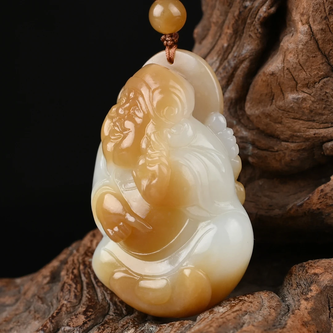 天然且末糖和田玉羊脂玉财爷神吊坠男女款玉石项链挂件