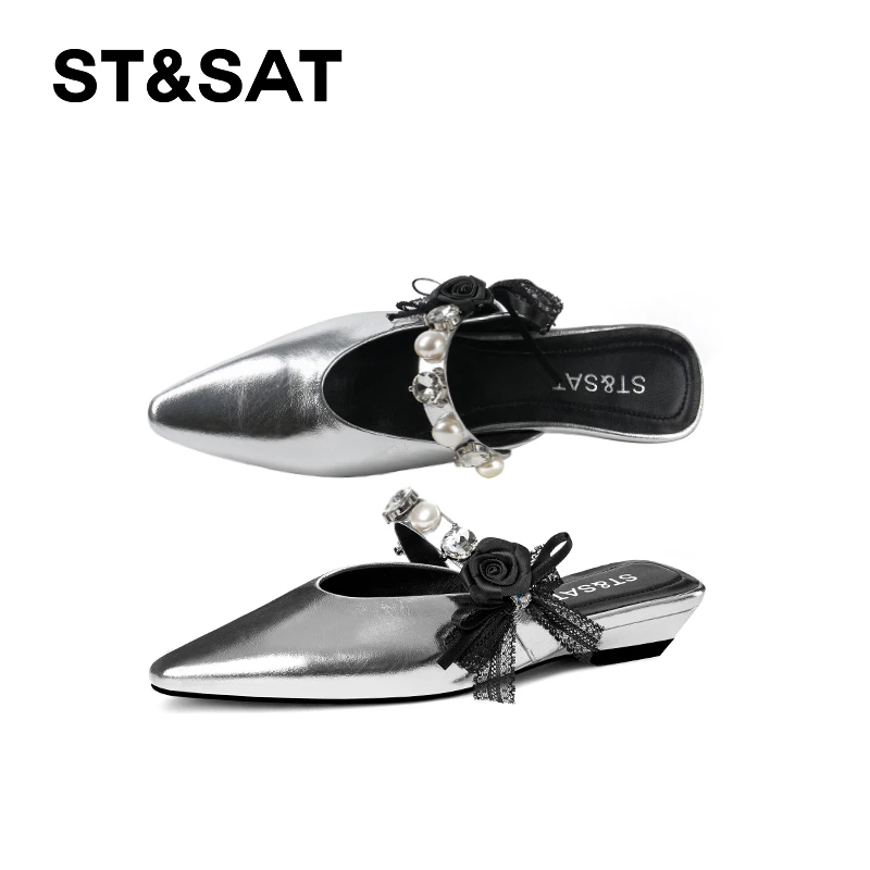 St&Sat/星期六黑色凉拖法式欧美包头拖低跟夏季气质时尚水钻