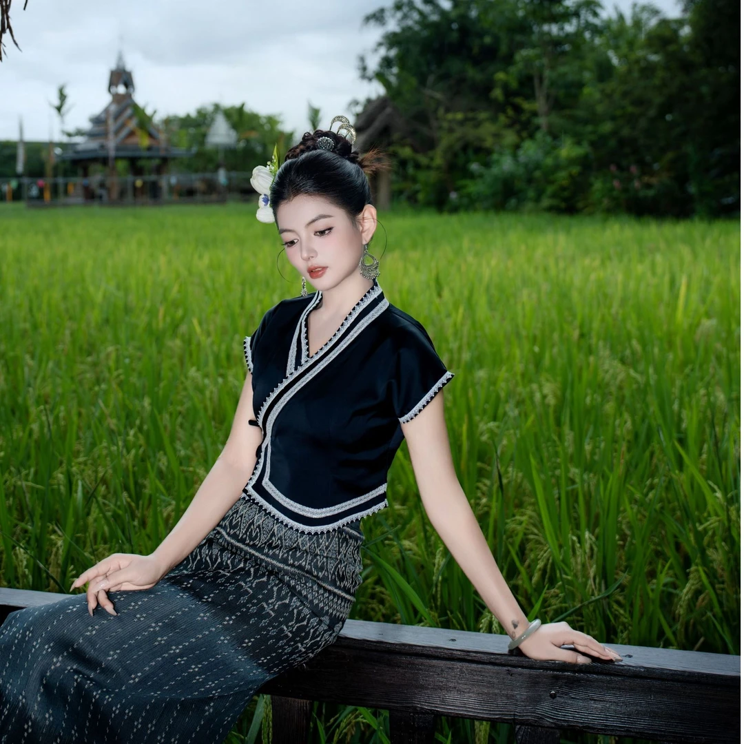 子依小店新款【深竹月】通肩袖短袖简约日常款上衣半身民族风筒裙