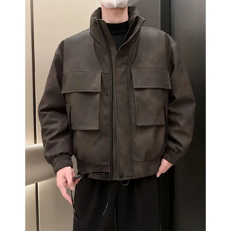 2025冬季90鸭绒潮流立领擦色免洗重磅皮质羽绒服男士保暖防风外套