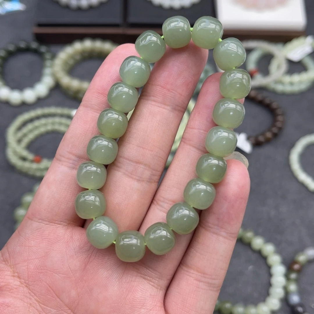 和田玉未镶嵌手串卡10高冰湖水绿老型珠，16手围
