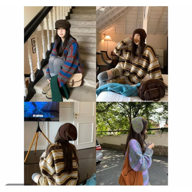 韩系加厚撞色条纹毛衣25秋冬新款慵懒松弛软糯套头针织衫女C088