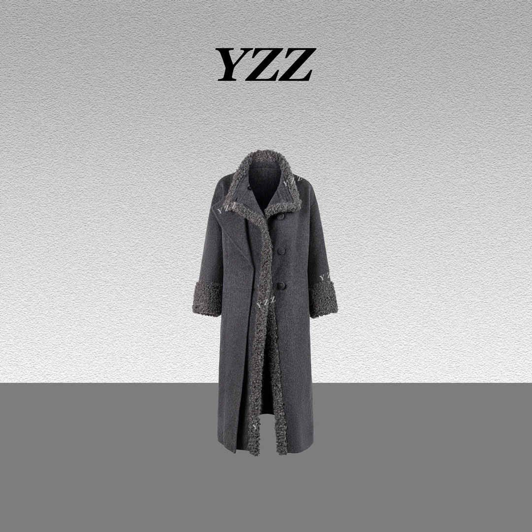 YZZ“绒梦”羊毛骆马绒气质奢品复古时尚宽松收腰系带大衣 680299