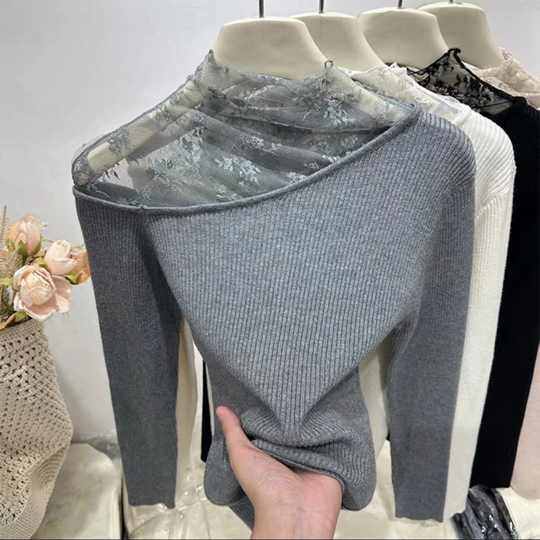 性感微透蕾丝拼接荷叶边露肩上衣冬季内搭网纱立领针织打底衫