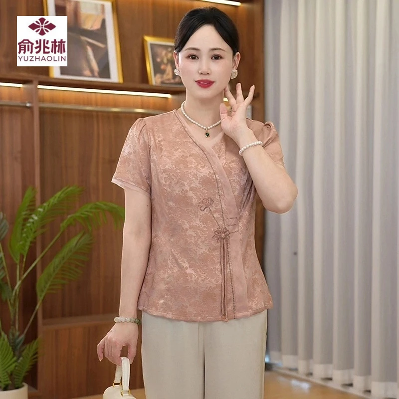 母亲节国风妈妈装夏季新中式洋气质小衫套装中老年女斜襟V领上衣
