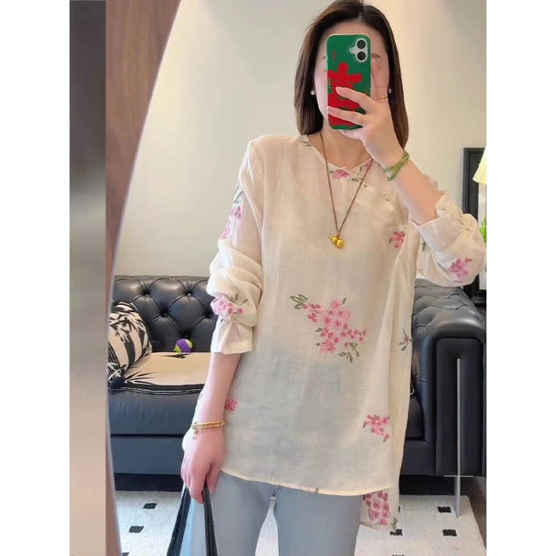 新中式国风花卉印花长袖衬衫女2025夏季新款高级感显气质宽松上衣