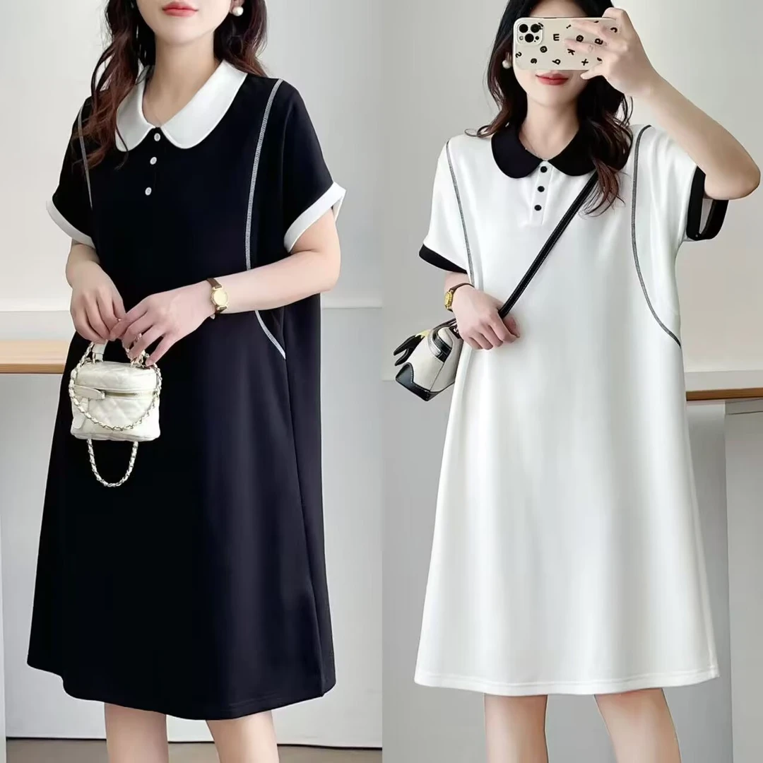 大码女装夏季短袖常规纯色正肩袖连衣裙休闲翻领减龄显瘦拼接夏装