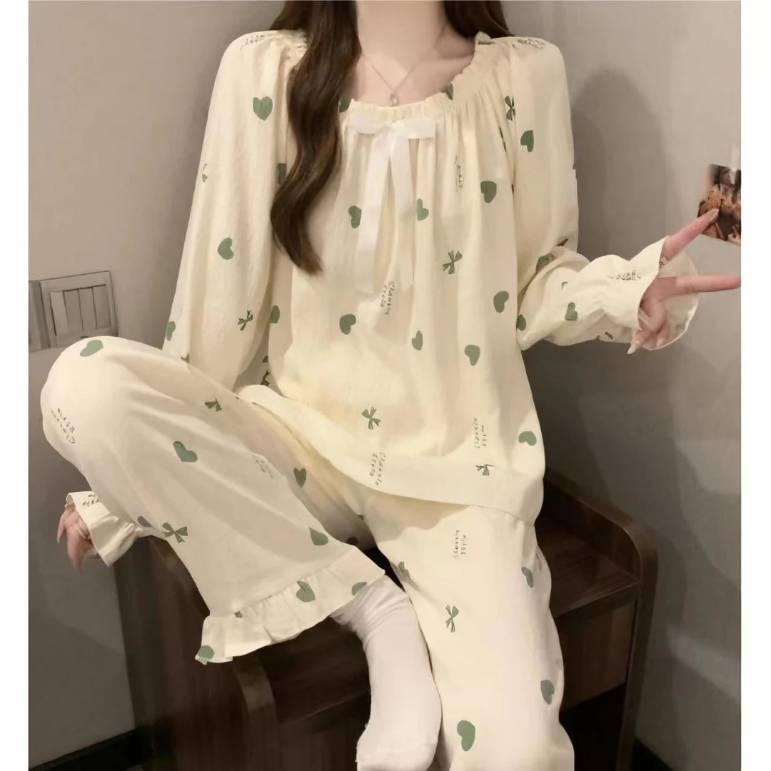 睡衣女带胸垫套装秋季公主风韩版睡衣甜美韩版长袖家居服ins学生