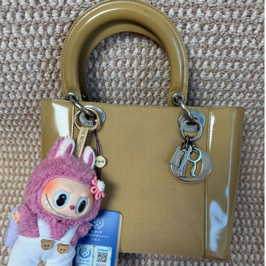 95新 DIOR/迪奥 漆皮拼黄色戴妃/手提包