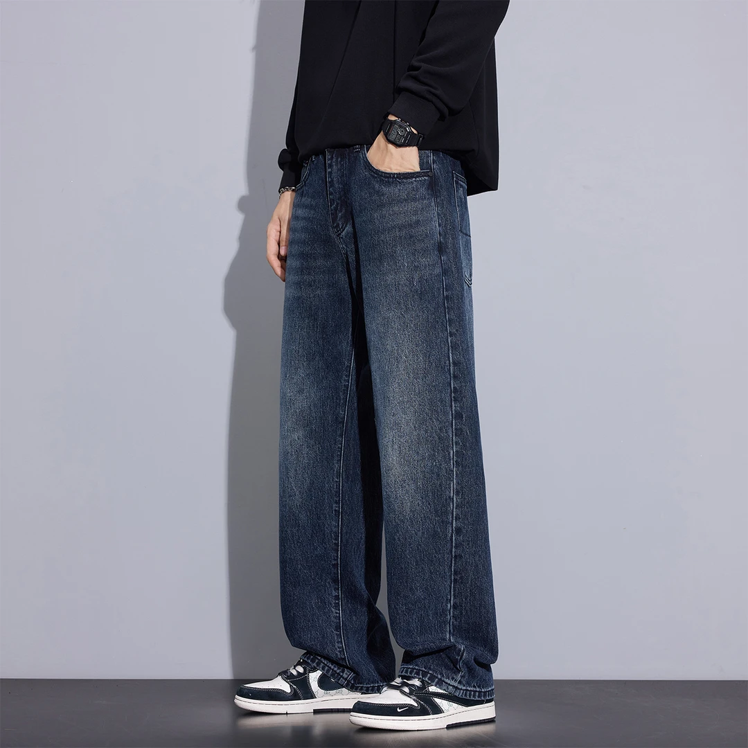 Kuvine2025休闲美式高街直筒秋季宽松水洗复古百搭蓝色牛仔裤男款