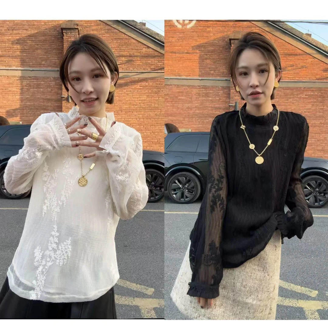 【意意】早春时尚洋气法式蕾丝刺绣显瘦半高领上衣 Y-0320