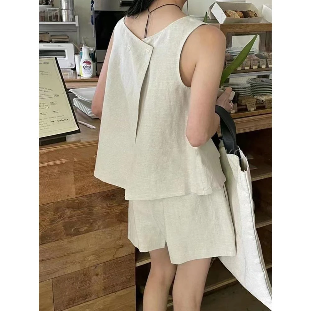 夏季新款棉麻套装女小个子韩系休闲别致后系扣背心上衣短裤两件套