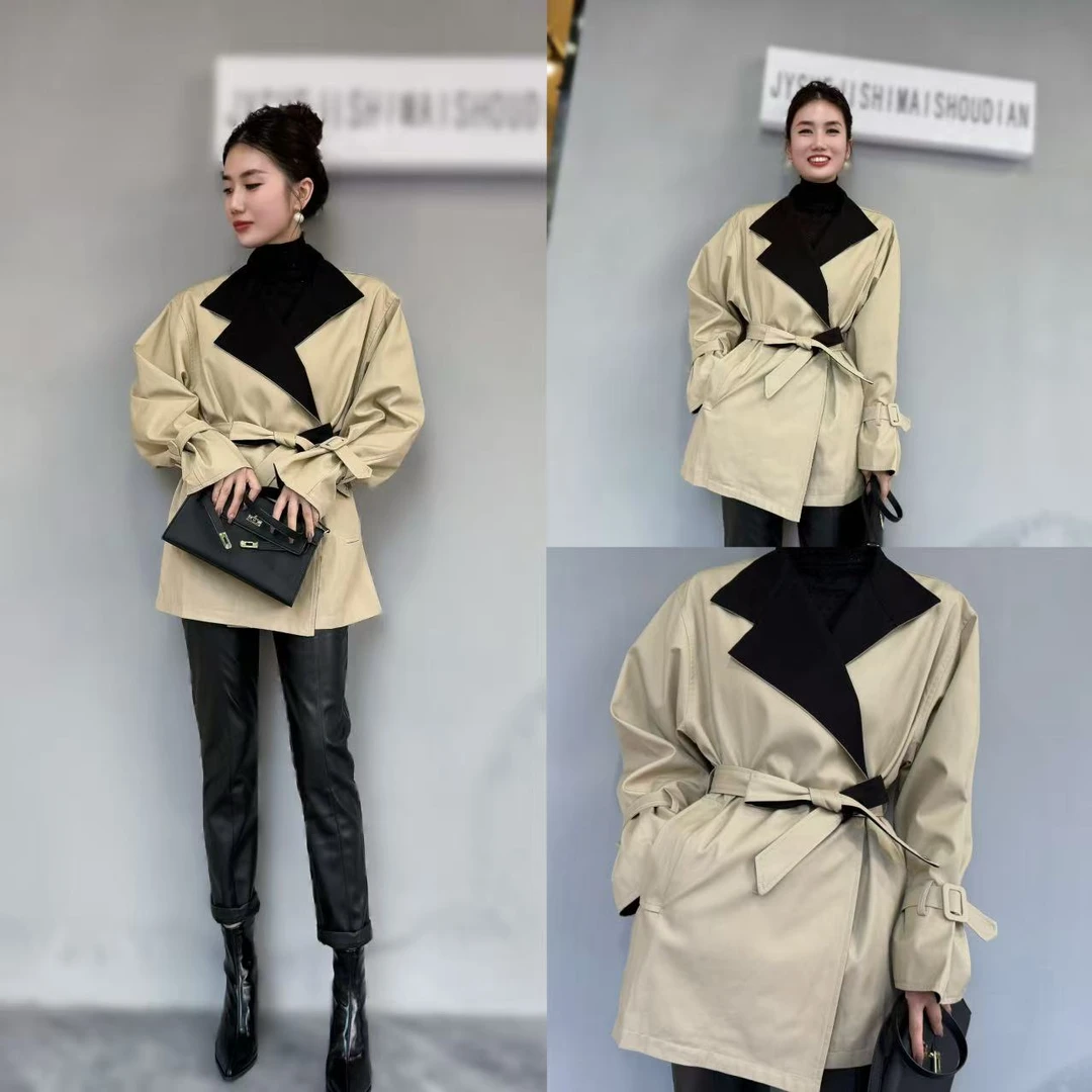 【俊英】设计感撞色拼接气质长袖风衣外套女秋季收腰显瘦百搭上衣