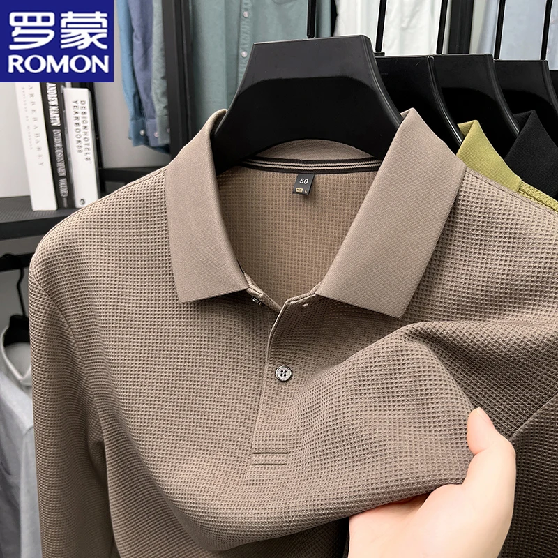 罗蒙男士纯色翻领长袖polo衫商务休闲春秋百搭t恤简约舒适打底衫