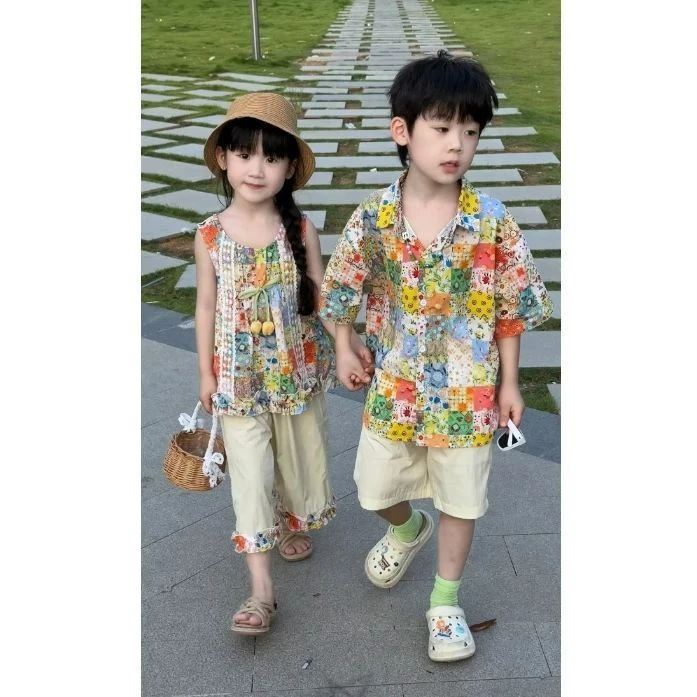 兄妹款薄款民族风夏季少女风女碎花无袖背心阔腿裤男童碎衬衫
