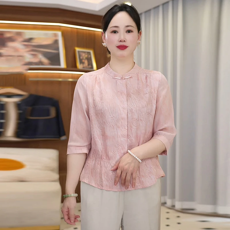 江南妈妈装春夏七分袖小衫套装2025中老年女玫瑰印花上衣薄两件套