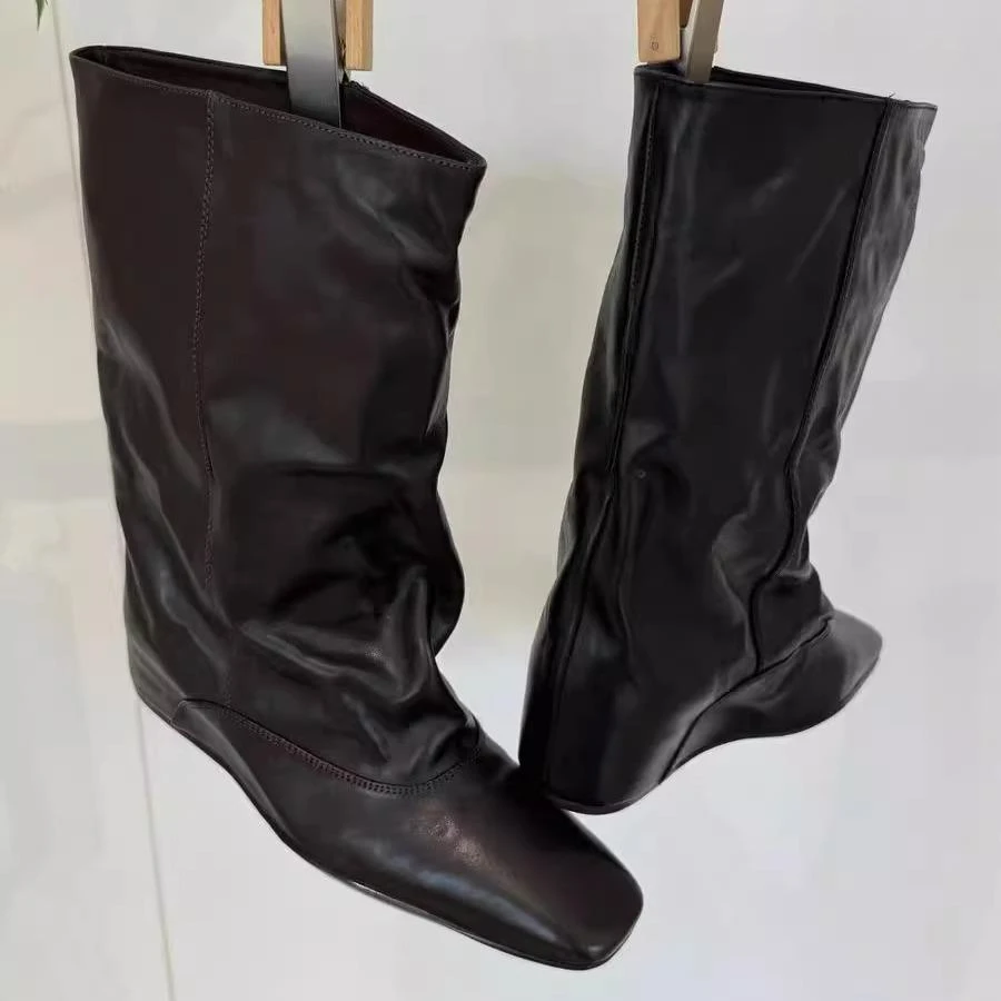 牛皮版~秋冬新款内增高方头宽松套筒中筒靴女时尚短靴时装骑行靴