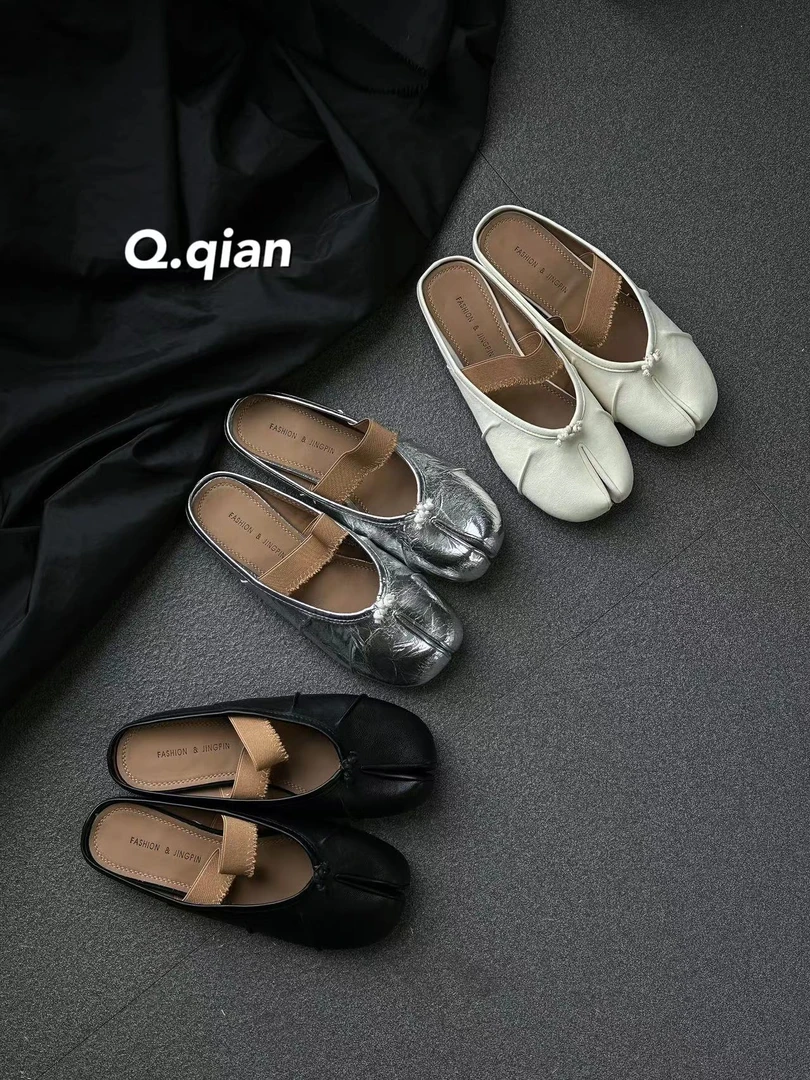 微瑕小众分趾鞋软皮包头半拖一字带平底女鞋5223