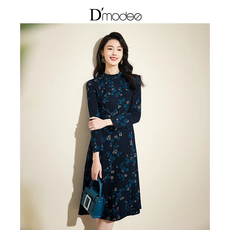 黛玛诗春秋新款显瘦花裙子女中长裙优雅气质提花立领长袖连衣裙
