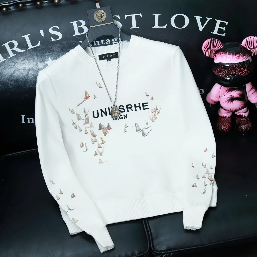 男士高级感刺绣休闲卫衣2025秋季个性男装青年痞帅秋冬修身长袖衫