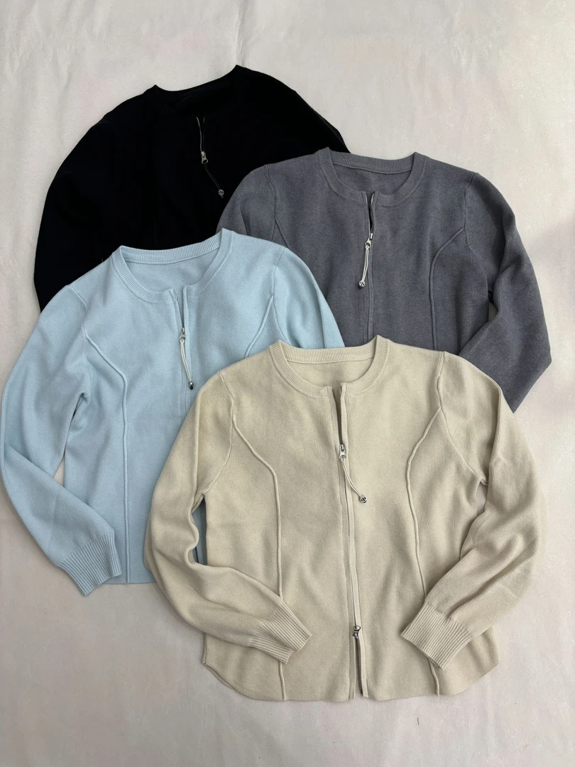 [王小二]169新款宽松简约拉链针织衫薄款外搭上衣