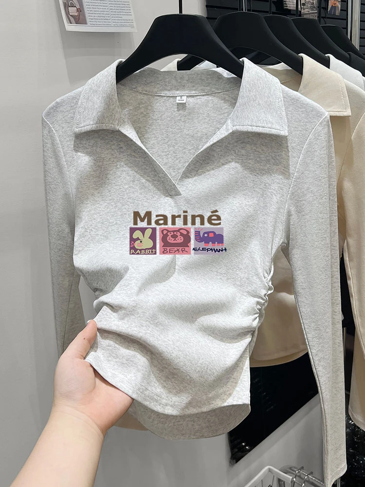 修身女t恤韩系2025新款显瘦百搭polo领长袖秋冬打底褶皱收腰上衣