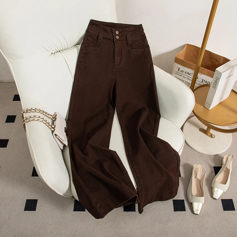 单裤/加绒咖色高腰阔微喇牛仔裤女弹力宽松显瘦百搭9806