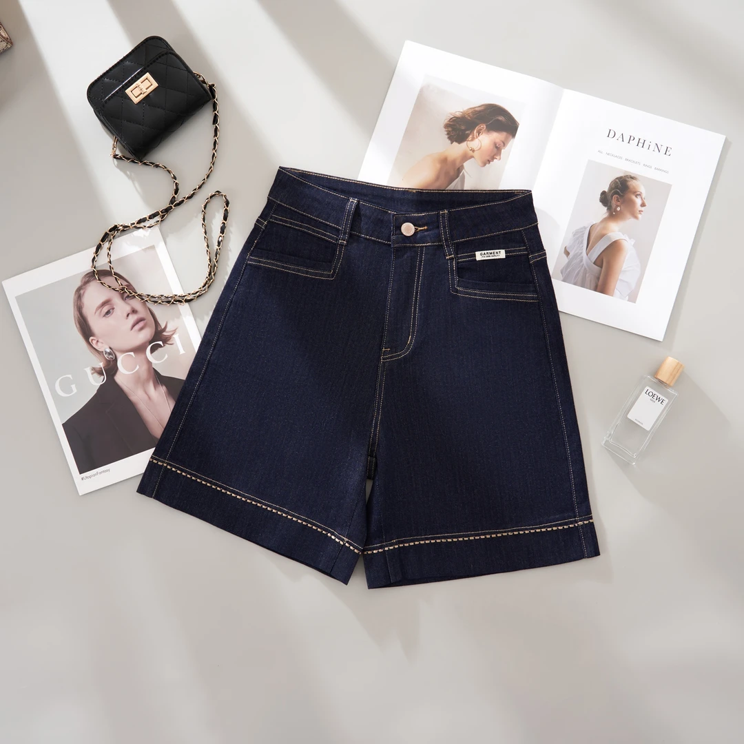 夏季丹宁蓝透气时尚通勤百搭拼接个性刺绣弹力牛仔短裤8608