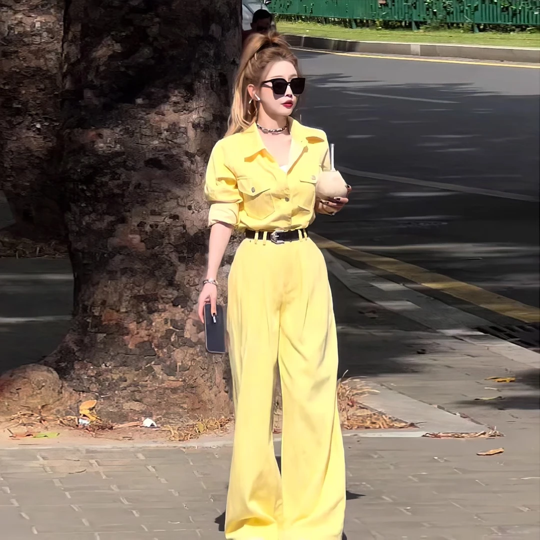黄色工装长袖连体裤女2025春秋款气质翻领收腰显瘦阔腿连衣裤长裤