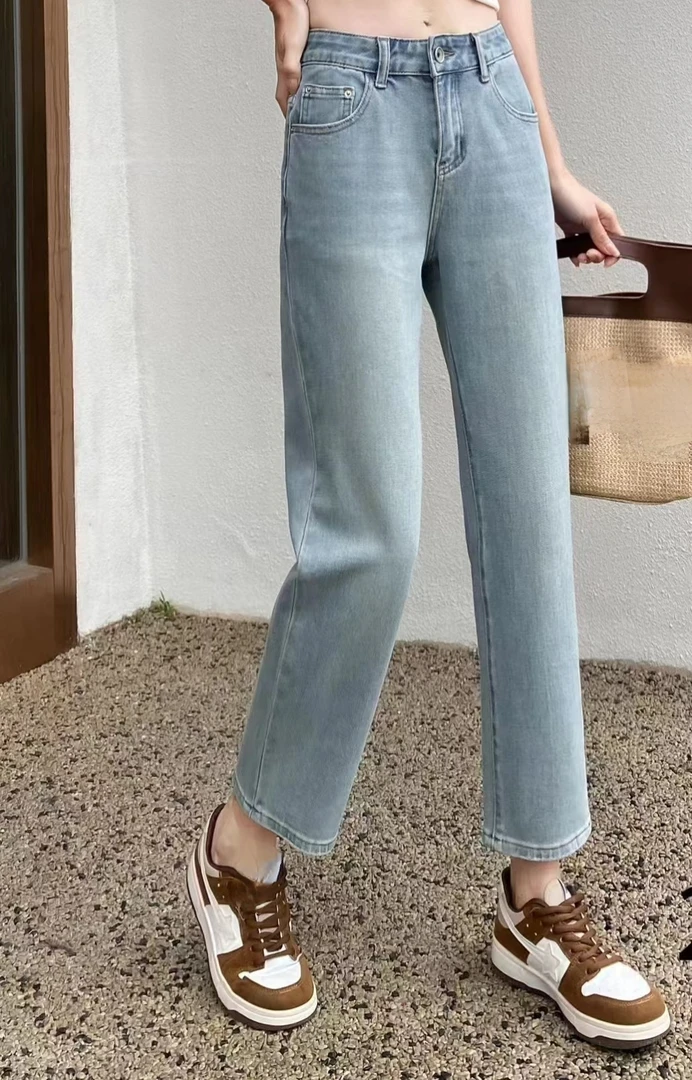 20071#新款时尚中高腰显瘦百搭一粒扣九分烟管裤直筒裤牛仔裤