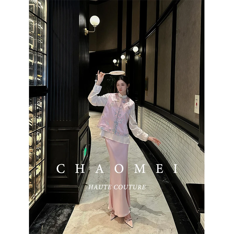 冯（CHAOMEI【花涧谣】国风新中式女装双面可穿马甲人丝衬衫醋酸半裙