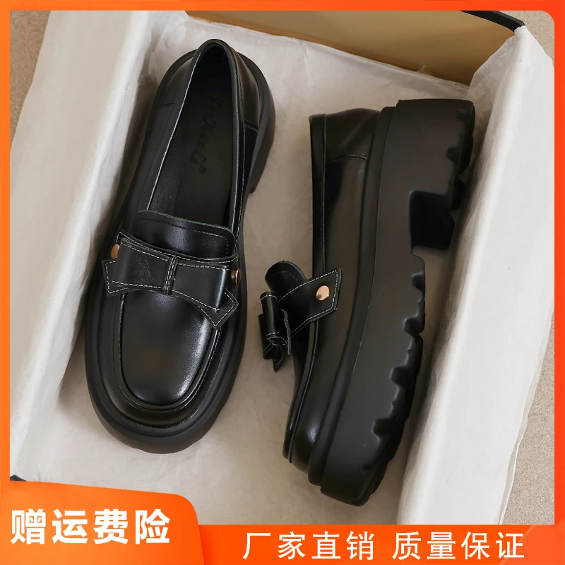 真皮小皮鞋女2025新款春秋英伦风黑色增高配裙子乐福34码厚底鞋子